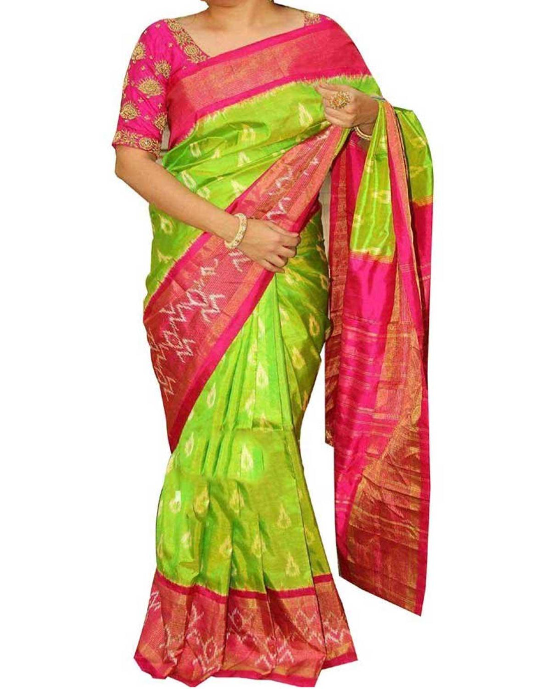 IKAT DESIGNER PARROT GREEN COLOR SAREE - pochampallysarees.com