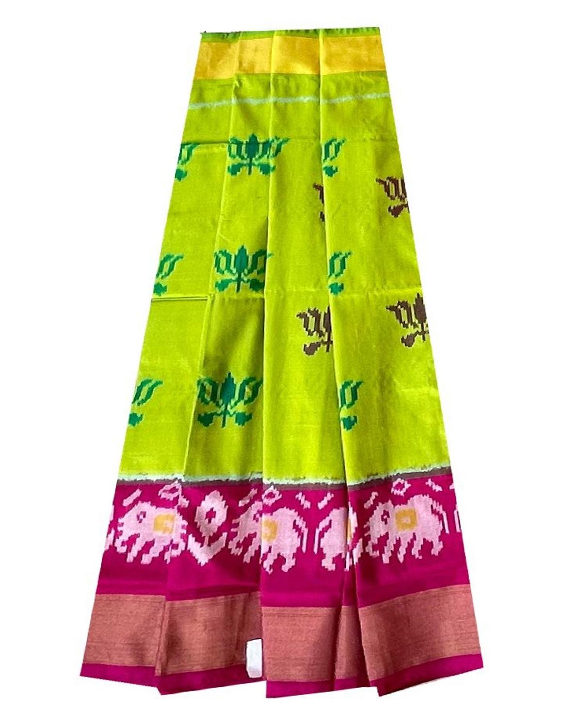 IKAT MIDDLE SIZE PARROT GREEN WITH PINK COLOR LEHENGA - pochampallysarees.com