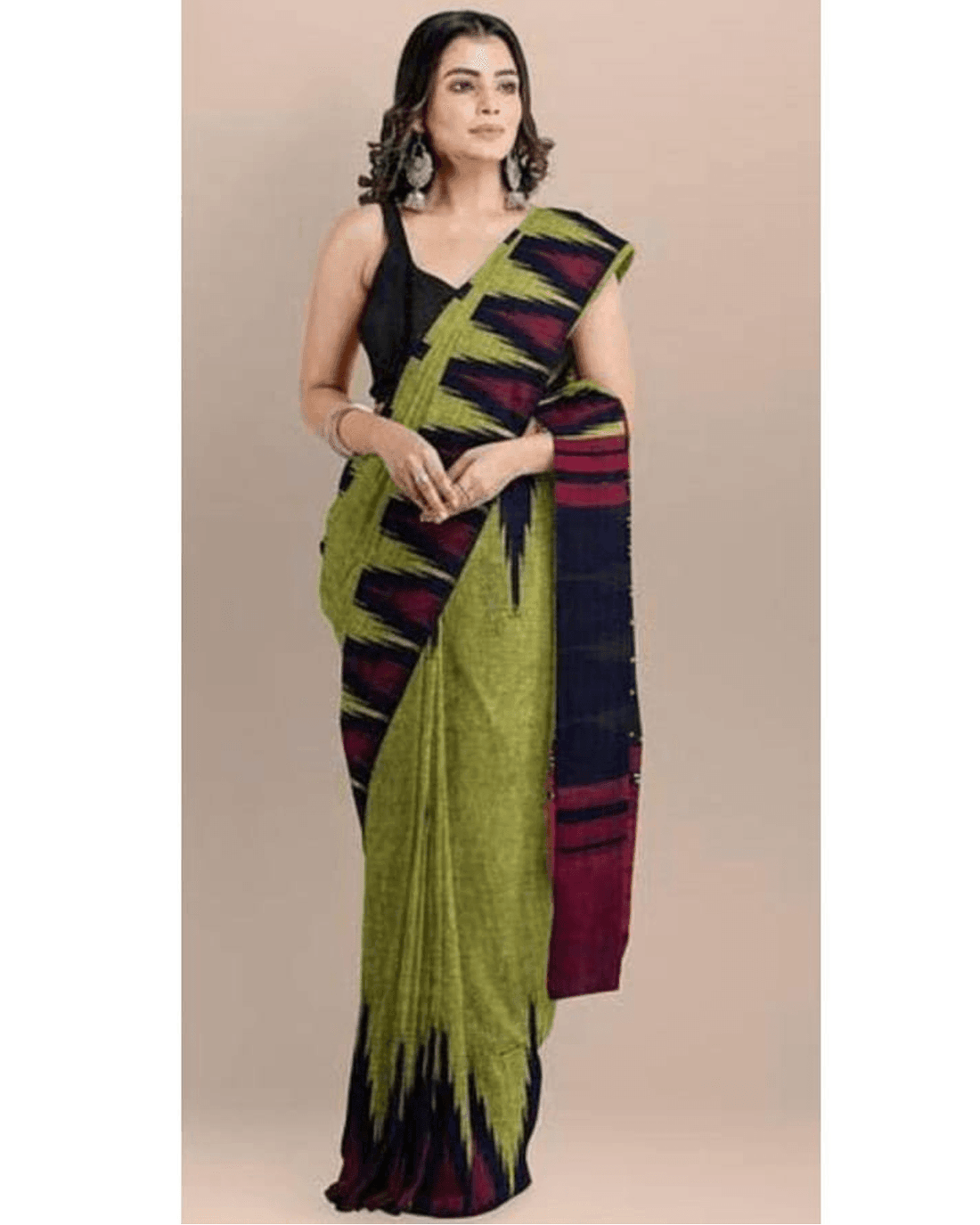 IKAT OLIVE GREEN COLOR COTTON SAREE - pochampallysarees.com