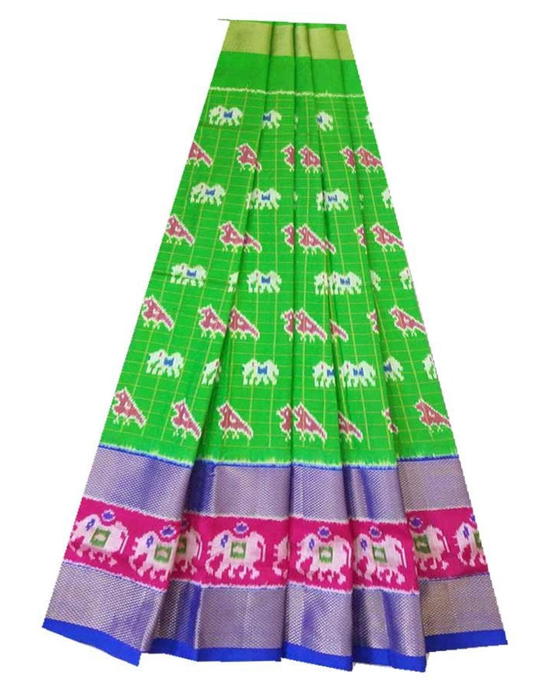 IKAT PARROT GREEN WITH BLUE COLOR LEHENGA - pochampallysarees.com