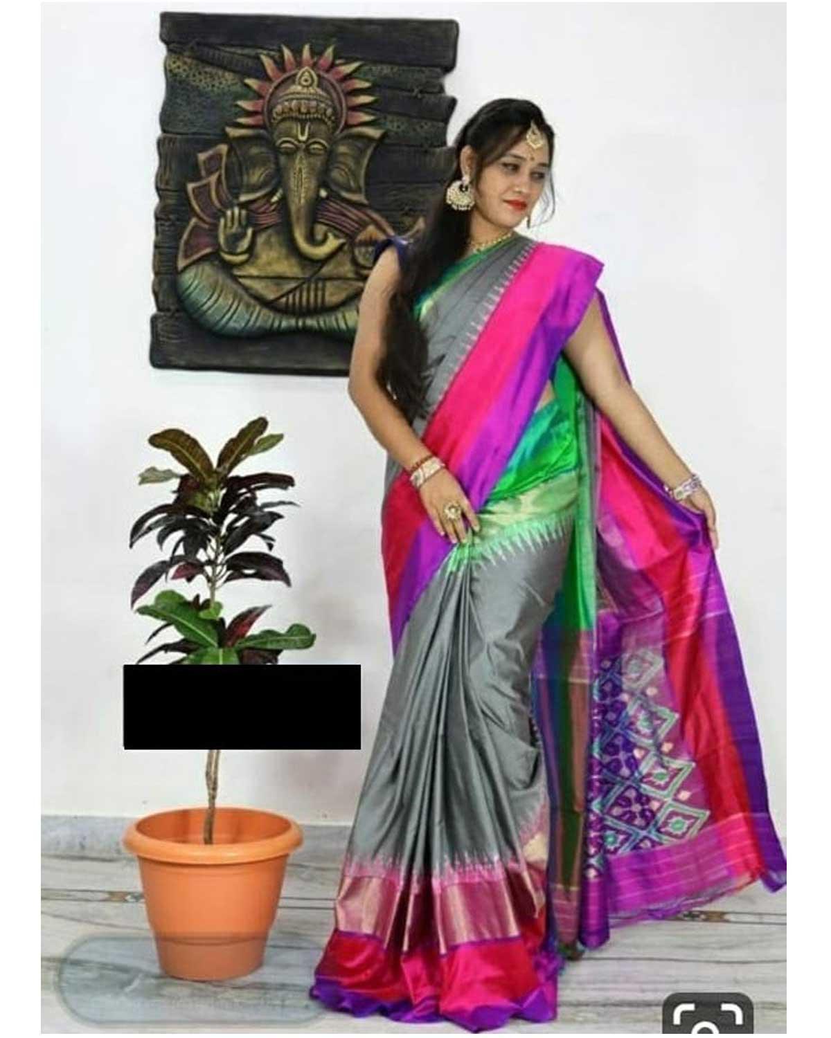 IKAT PATTU GRAY WITH PURPLE COLOR SAREE - pochampallysarees.com