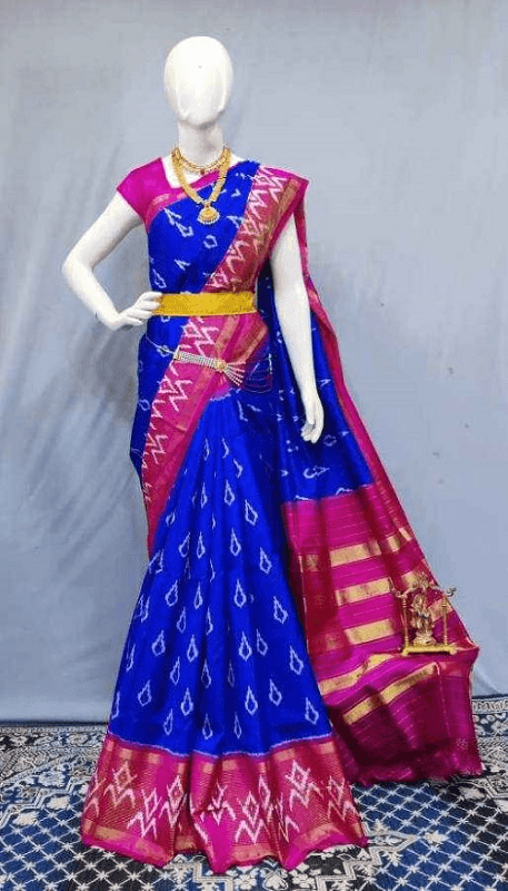 Ikat Silk Blue With Pink Color Saree - pochampallysarees.com