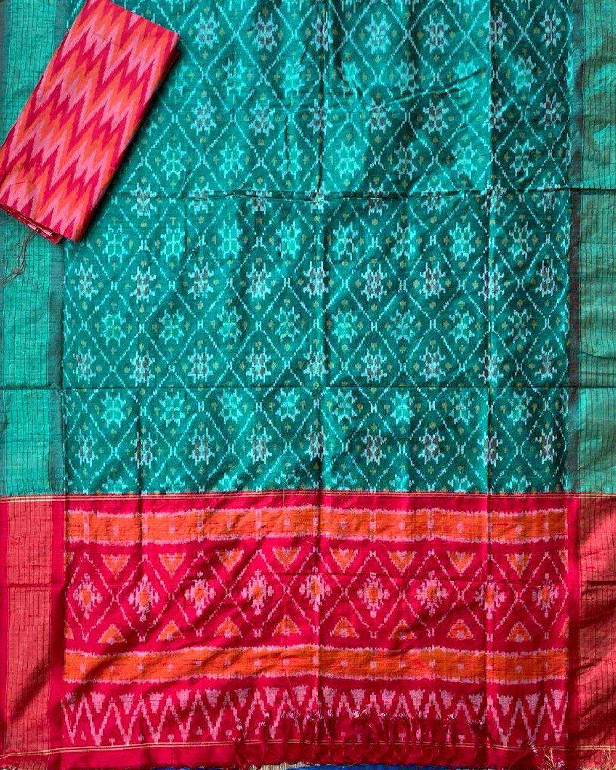 IKAT SILK RAMA GREEN WITH RED COLOR DRESS MATERIAL - pochampallysarees.com