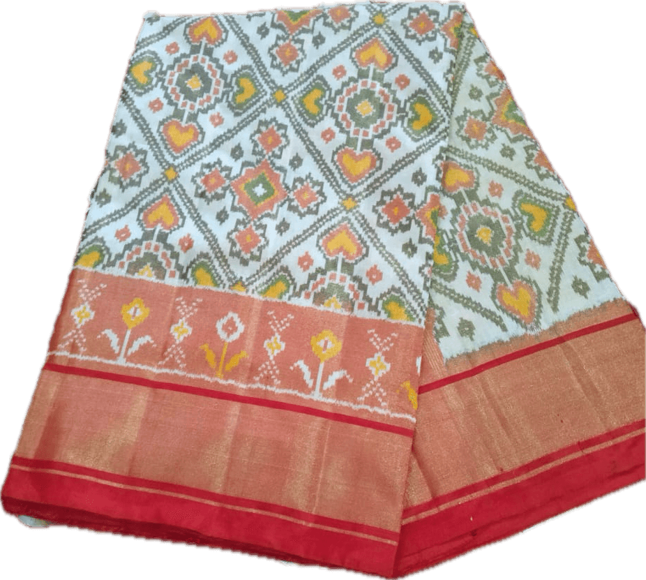Ikat Silk White Red Tissue Saree - pochampallysarees.com