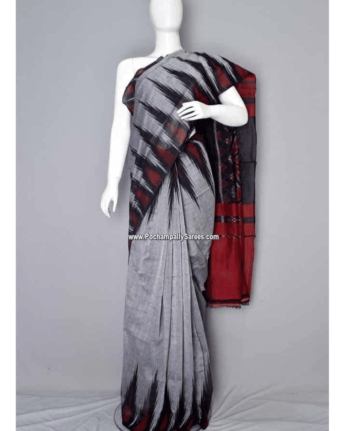 IKAT TEMPLE GRAY COLOUR SAREE - pochampallysarees.com