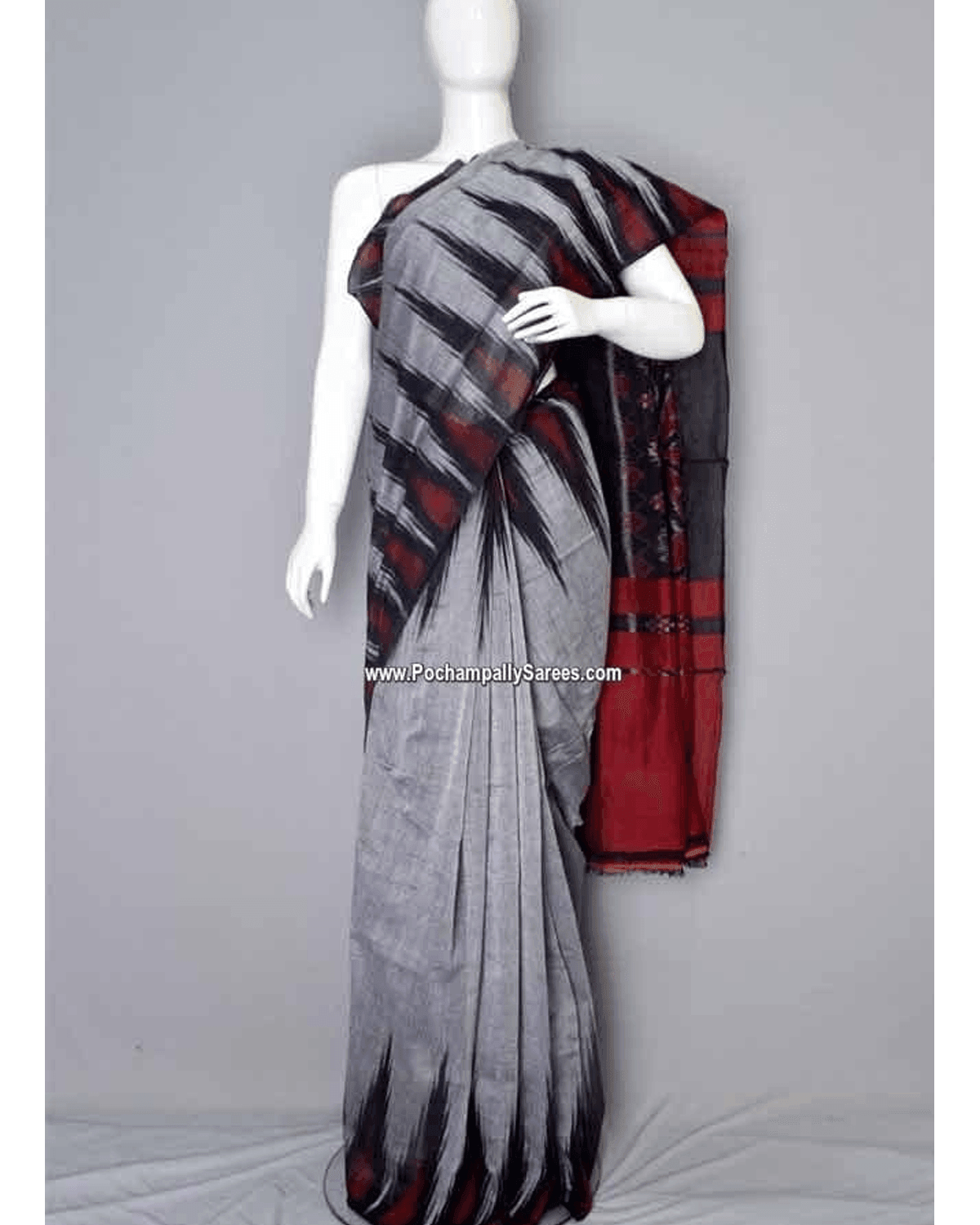 IKAT TEMPLE GRAY COLOUR SAREE - pochampallysarees.com