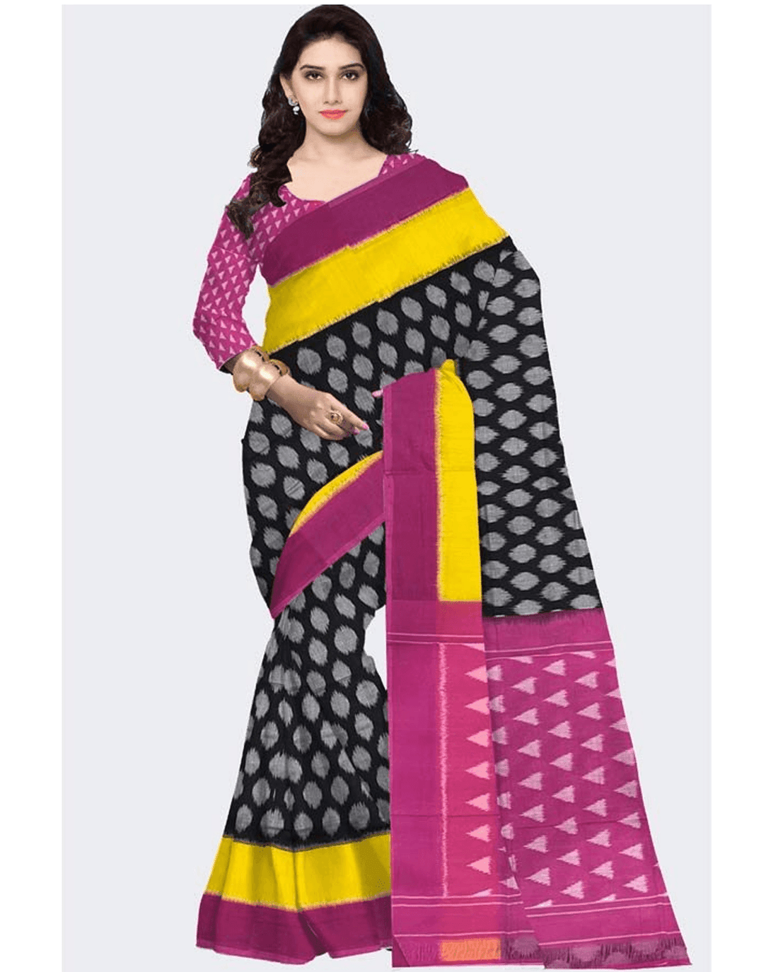 IKKAT COTTON BLACK WITH PINK COLOR SAREE - pochampallysarees.com