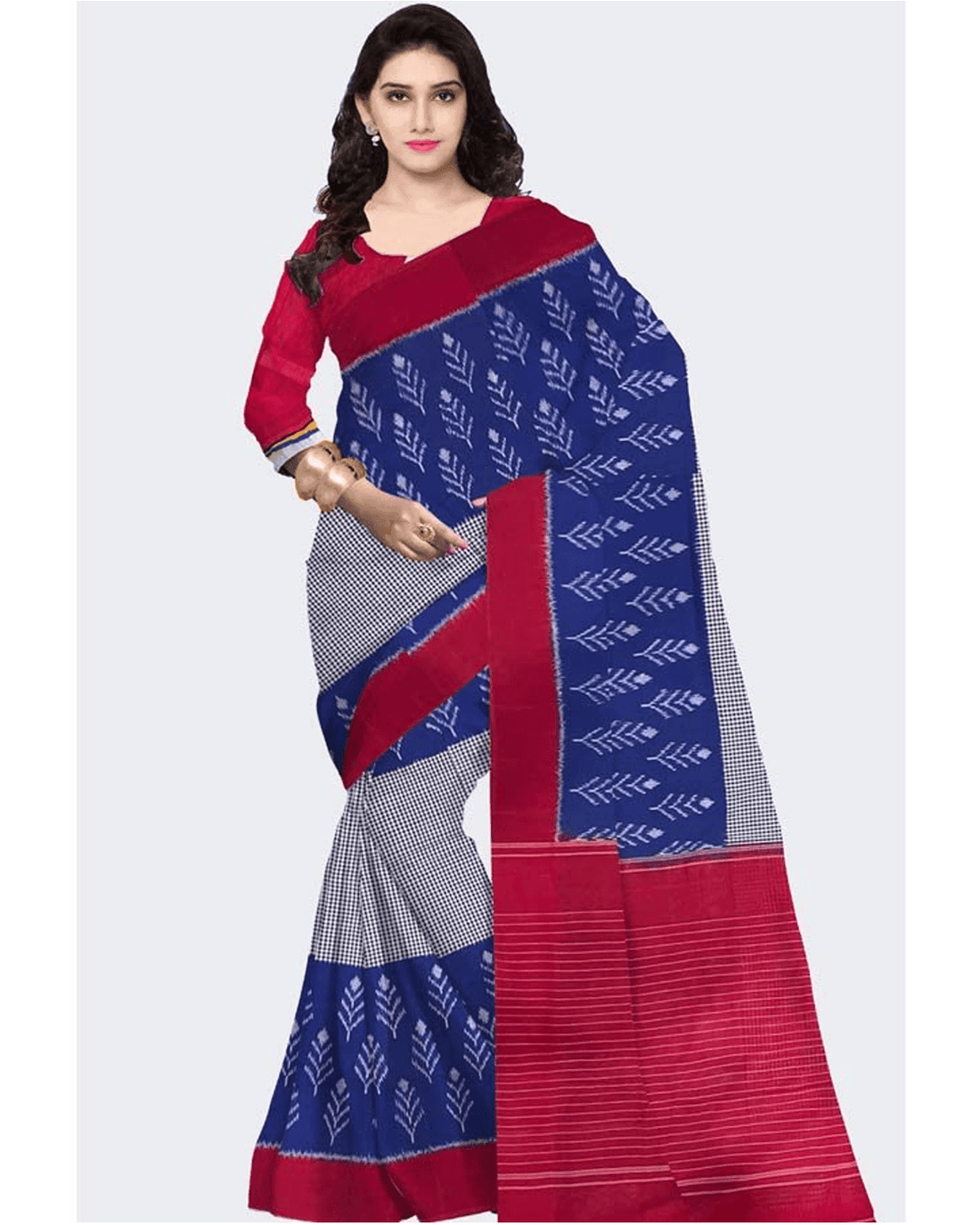 IKKAT COTTON BLUE WITH RED COLOR SAREE - pochampallysarees.com