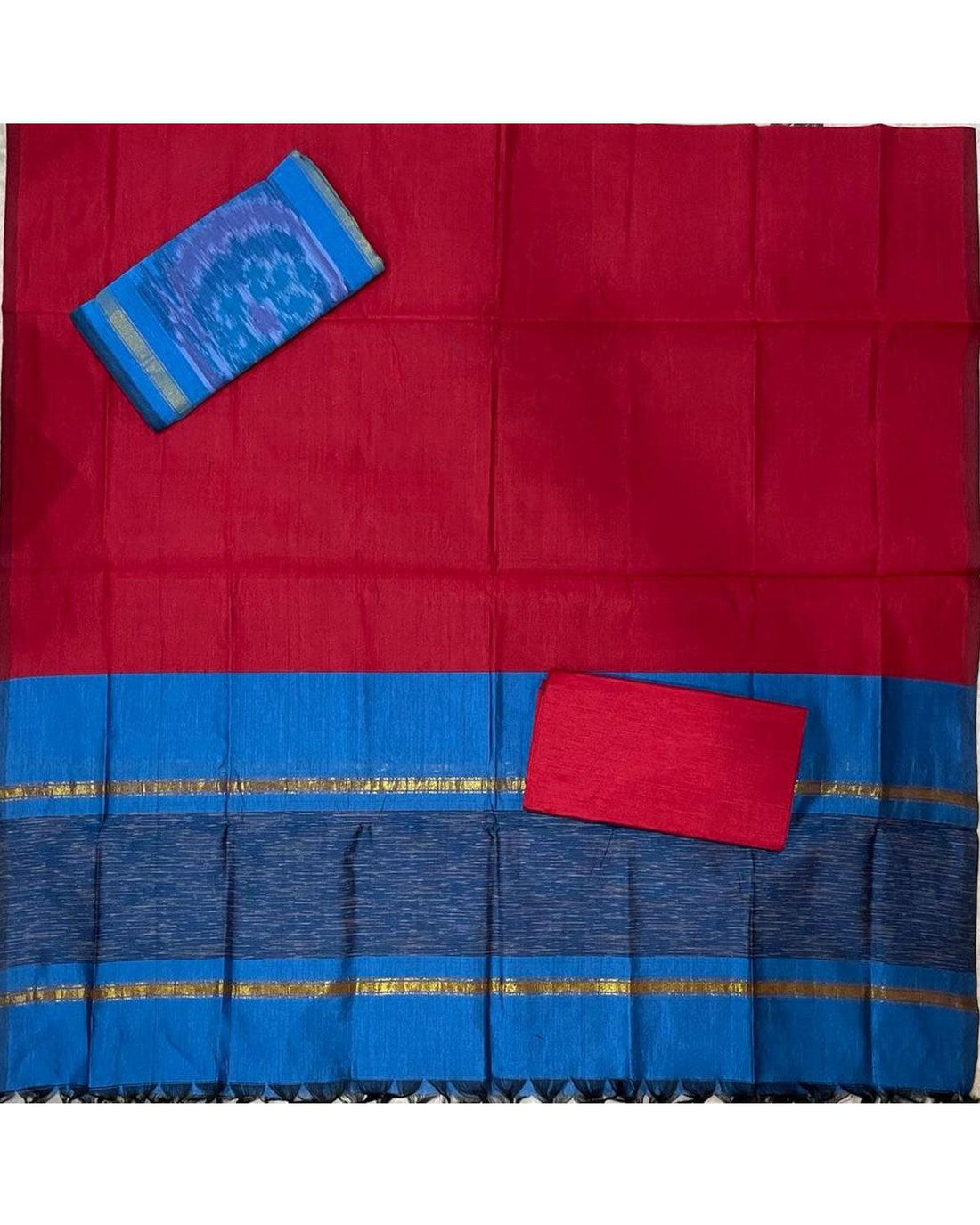 IKKAT COTTON RED WITH ANANDA BLUE COLOR DRESS MATERIAL - pochampallysarees.com