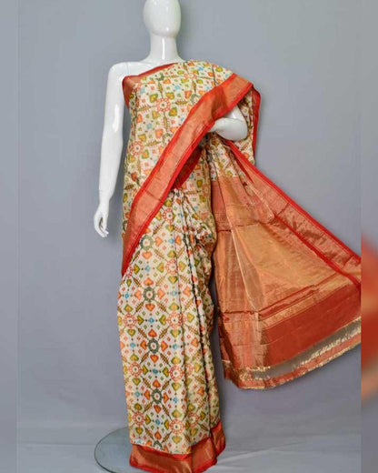 IKKAT FULL TISSUE CREAM COLOR SAREE - pochampallysarees.com