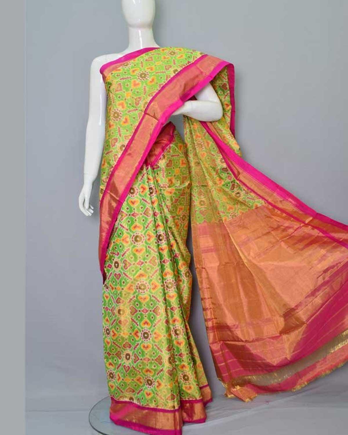 IKKAT FULL TISSUE PARROT GREEN COLOR SAREE - pochampallysarees.com