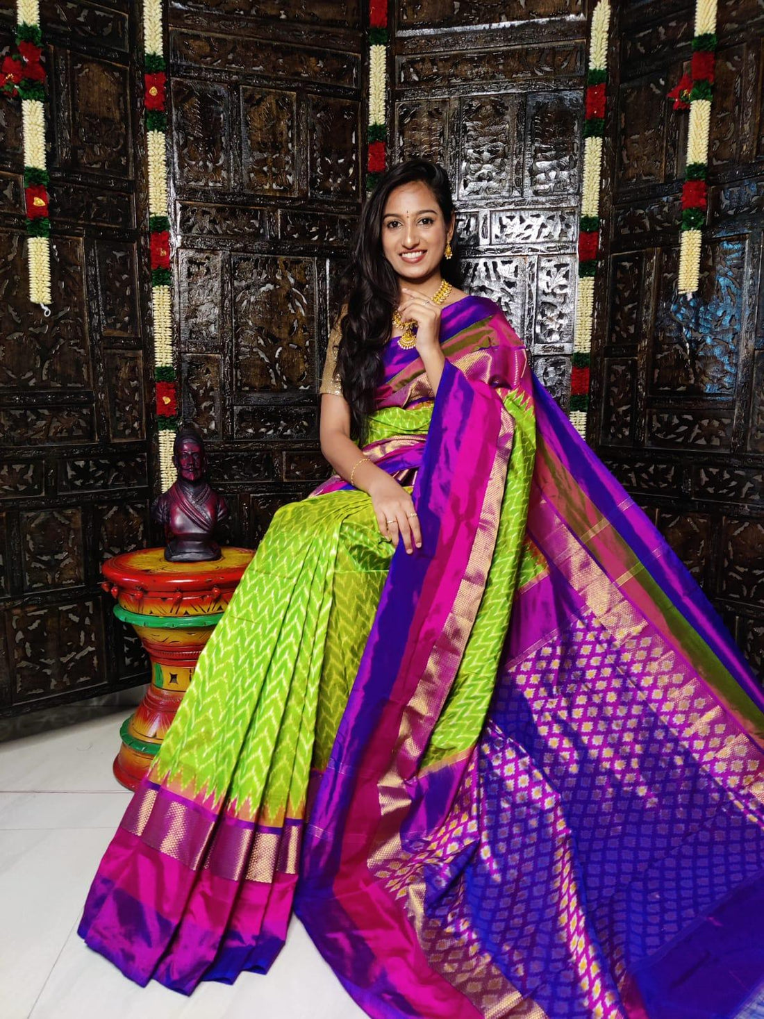 Ikkat Green Purple Saree - pochampallysarees.com