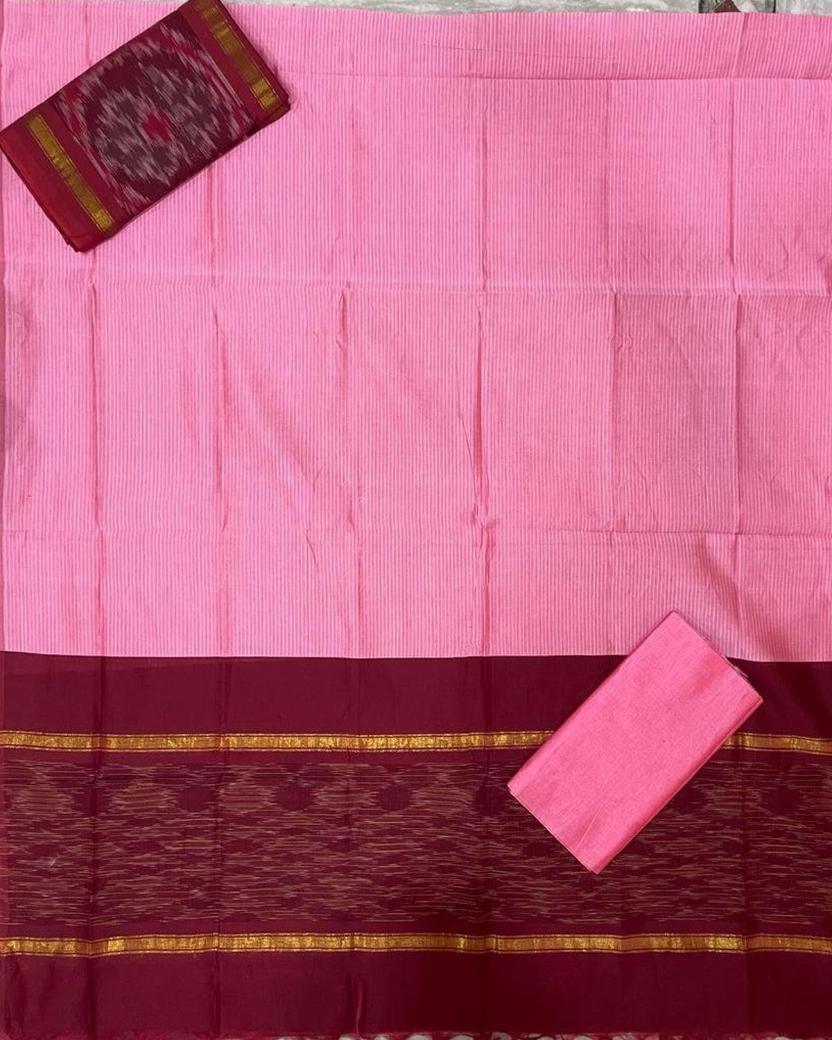 IKKAT PINK WITH MAROON COLOR DRESS MATERIAL - pochampallysarees.com