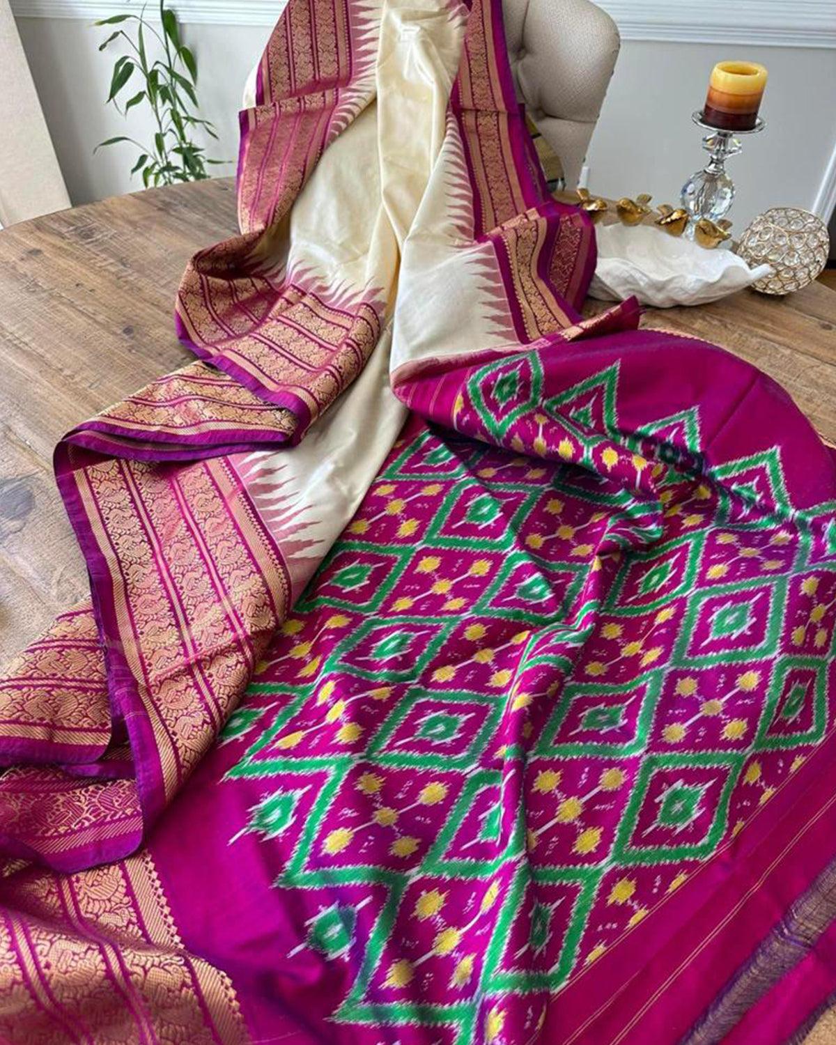 Ikkat Saree Cream With Purple Kanchi Border Saree With Blouse Same As Ikkat Design - pochampallysarees.com