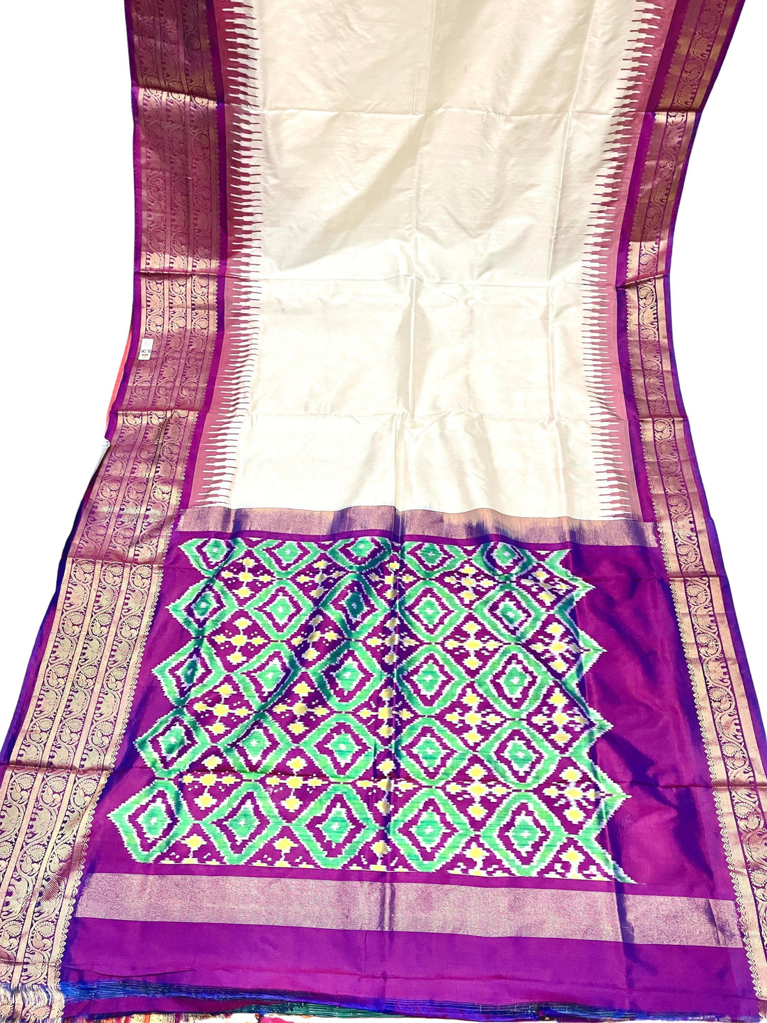 Ikkat Saree Cream With Purple Kanchi Border Saree With Blouse Same As Ikkat Design - pochampallysarees.com