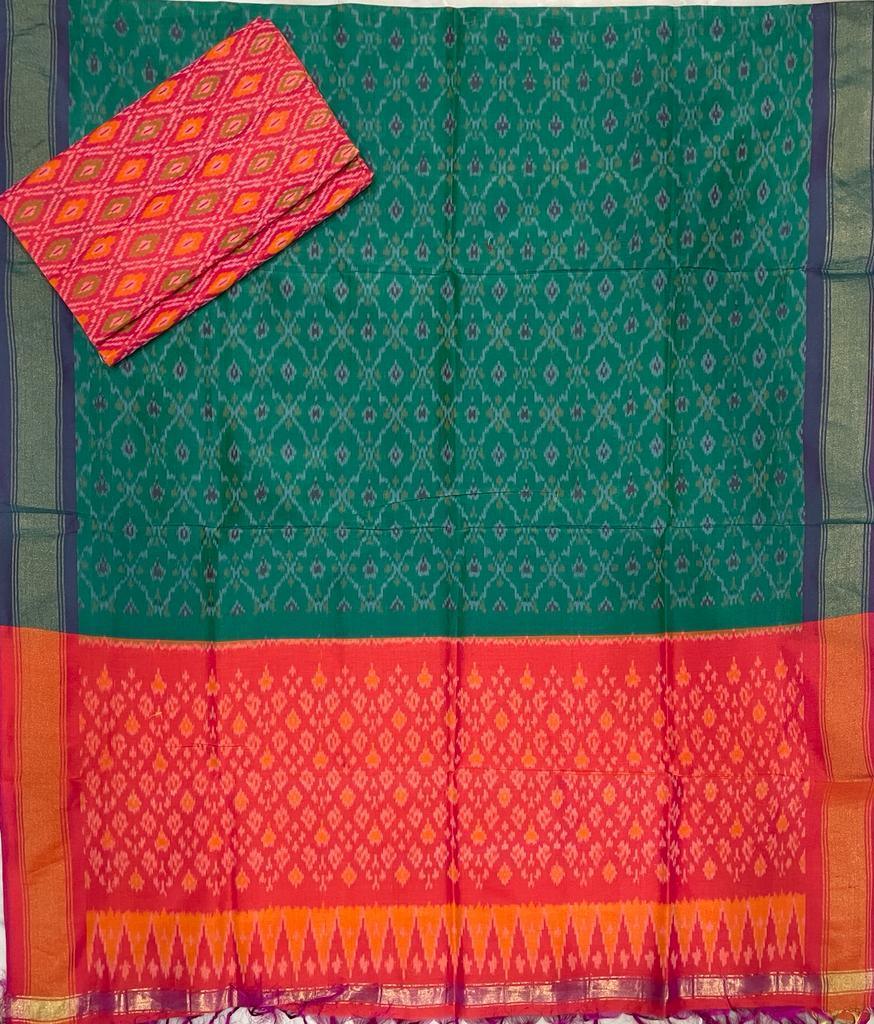 ikkat sico dress materials Green Orange Color - pochampallysarees.com