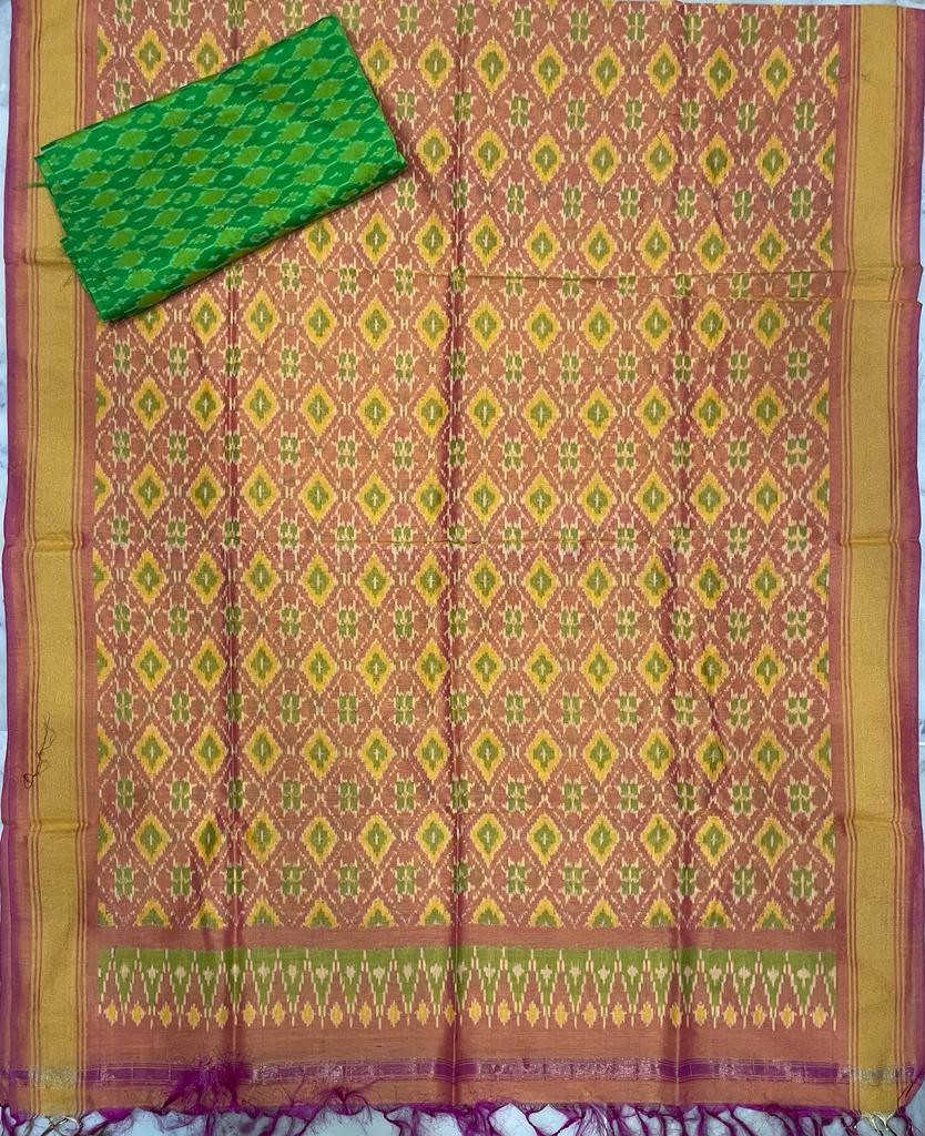 ikkat sico dress materials Yellow Green Color - pochampallysarees.com