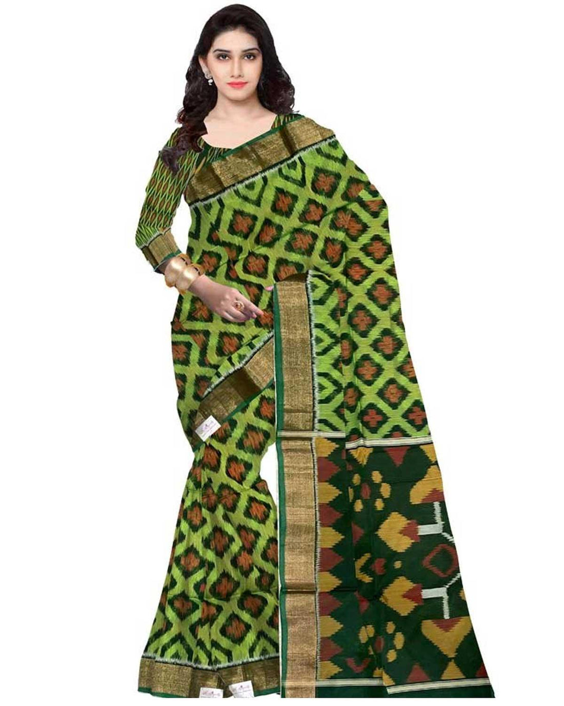 IKKAT SICO GREEN WITH BLACK COLOR SAREE - pochampallysarees.com