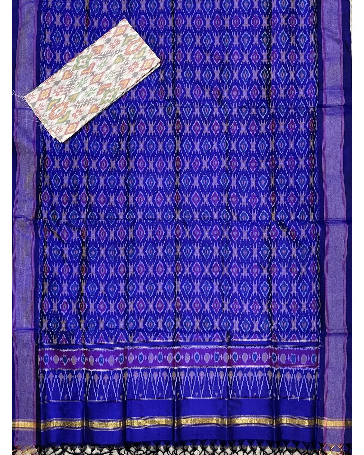 IKKAT SILK BLUE WITH WHITE COLOR DRESS MATERIAL - pochampallysarees.com