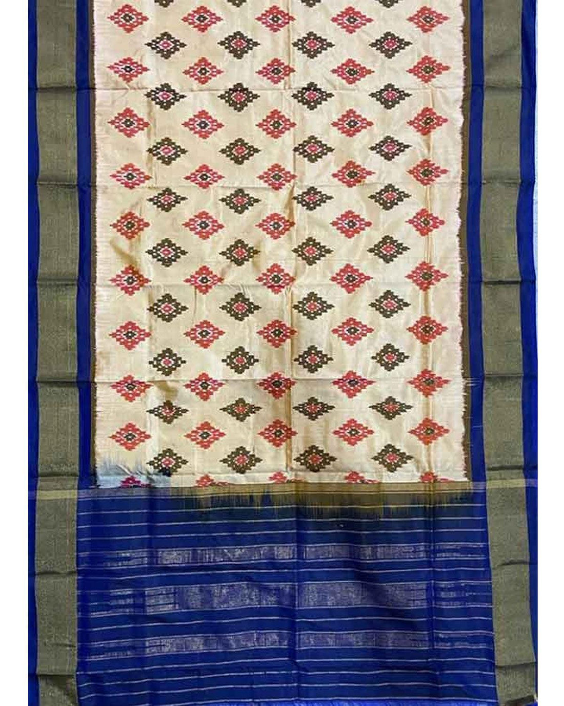IKKAT SILK CREAM WITH BLUE COLOR DUPATTA - pochampallysarees.com
