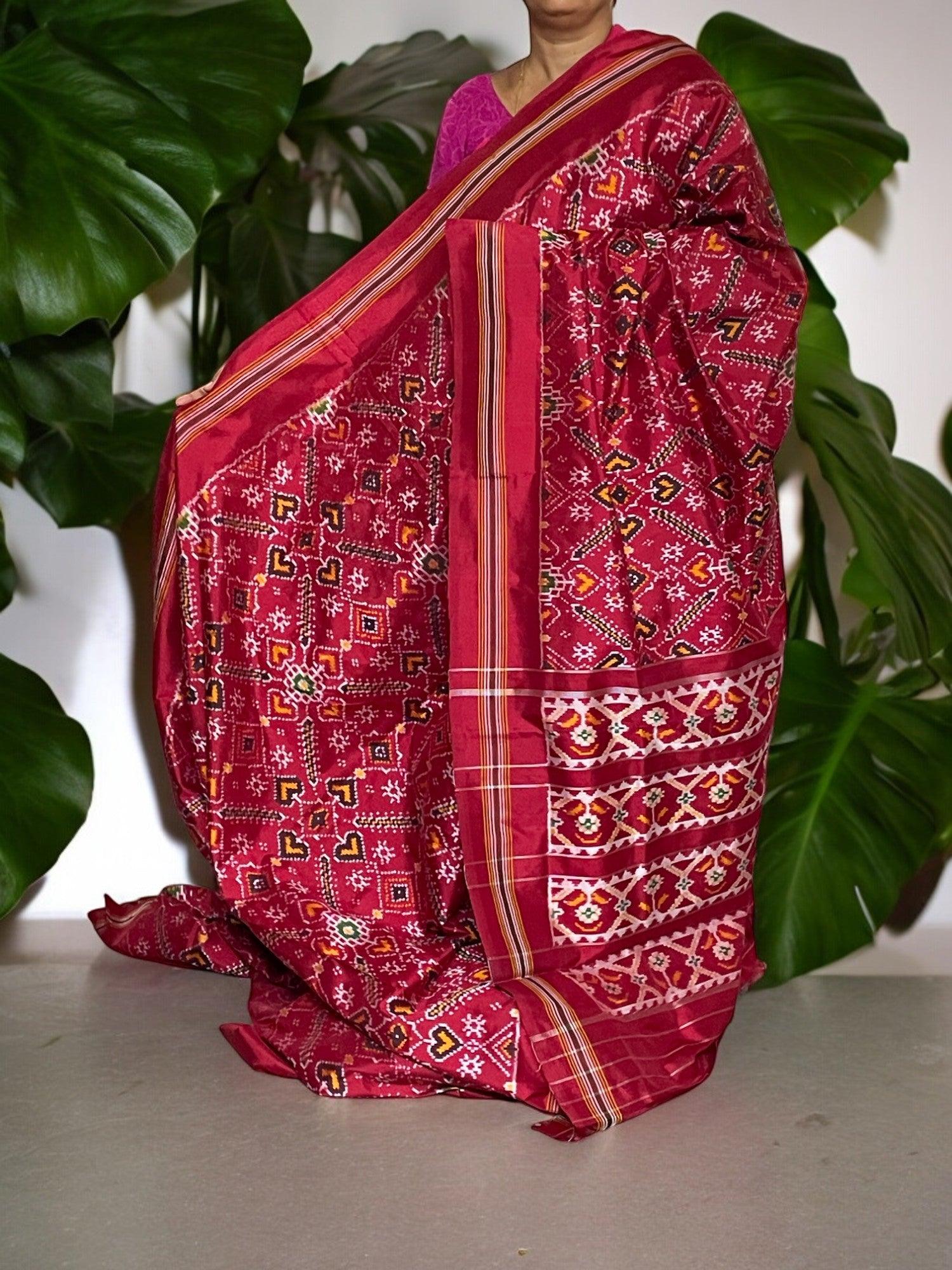 Ikkat Silk Red Saree - pochampallysarees.com