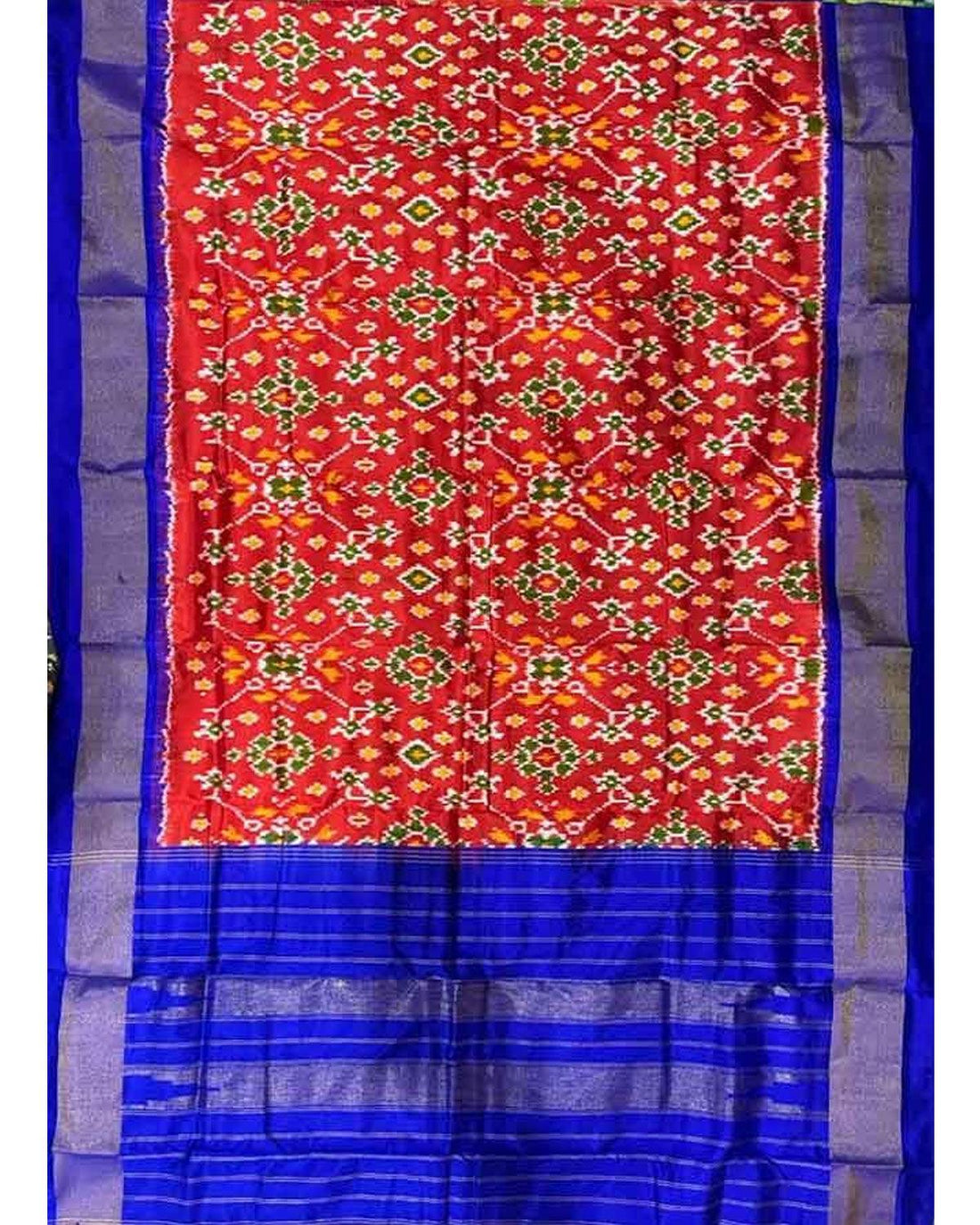 IKKAT SILK RED WITH BLUE COLOR DUPATTA - pochampallysarees.com