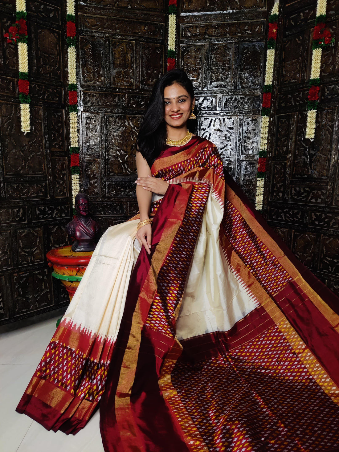 Ikkat Silk Saree cream Chocolet - pochampallysarees.com