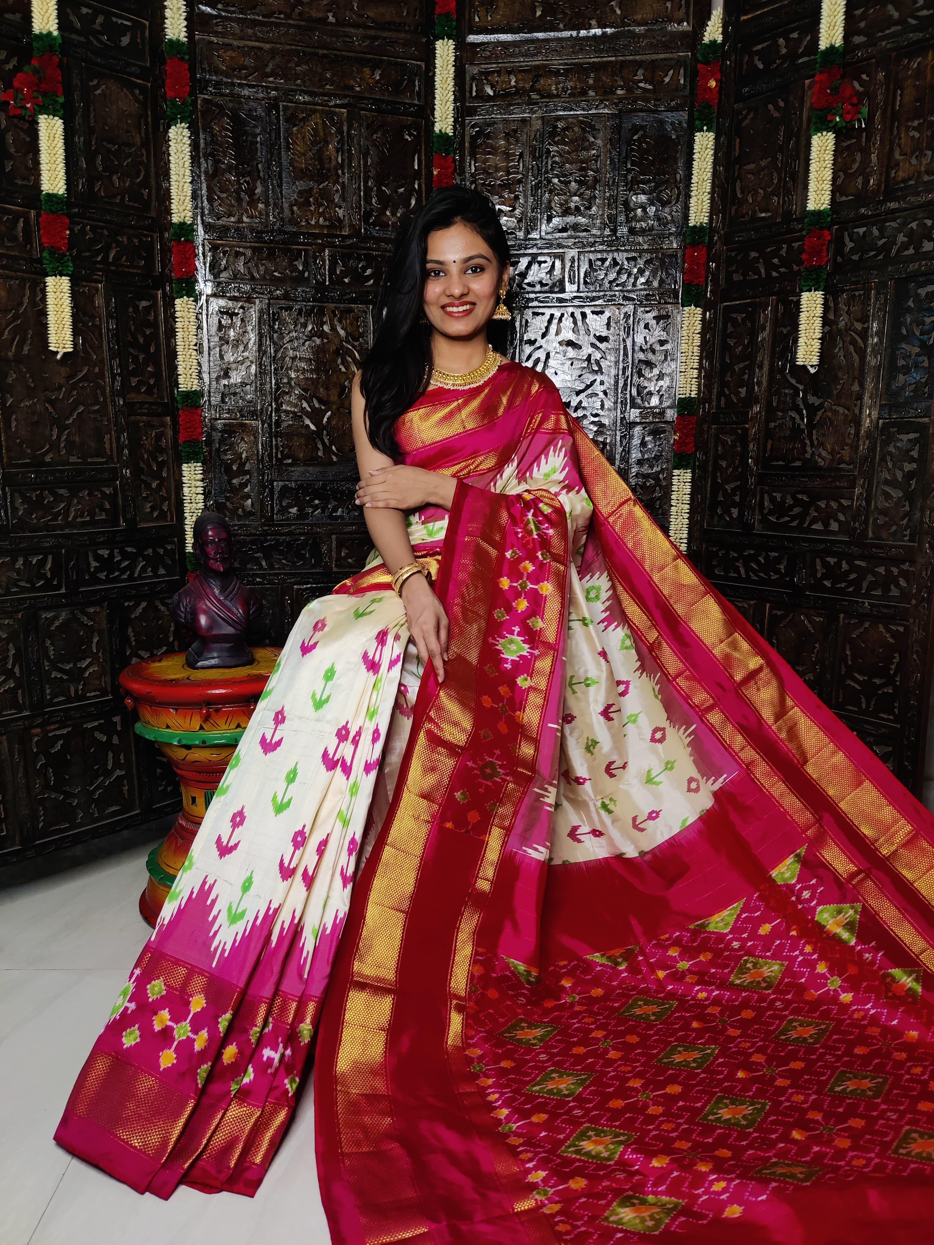 Ikkat Silk Saree Cream Pink - pochampallysarees.com