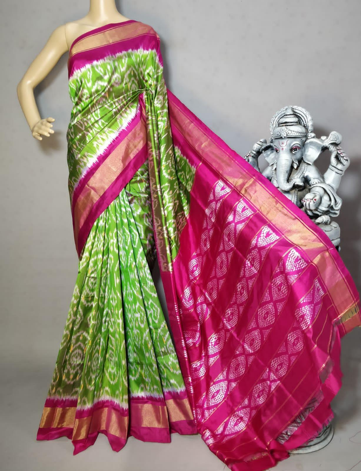 Ikkat Silk Saree Parrot Green Pink - pochampallysarees.com