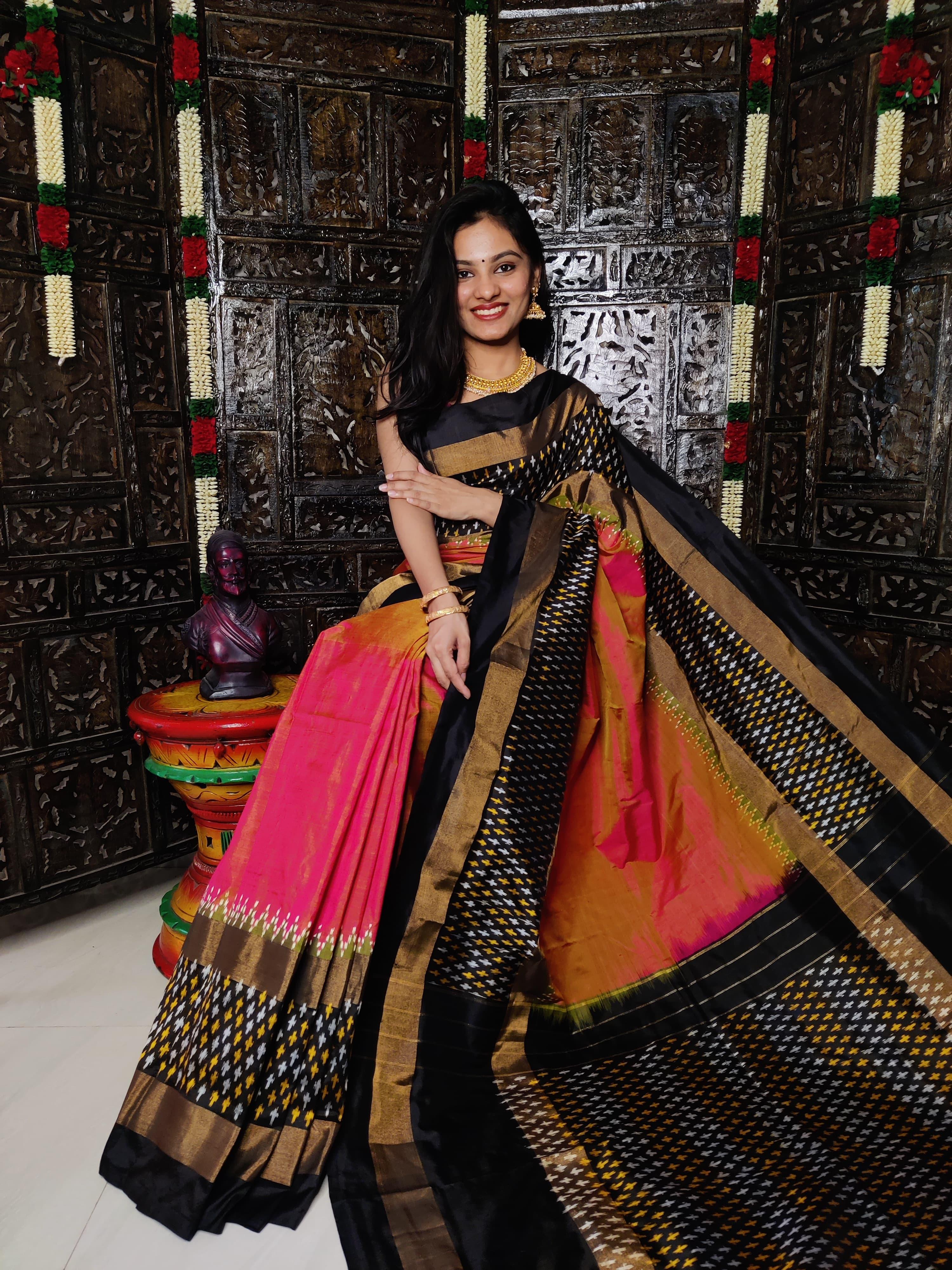 Traditional Paithani Cotton Silk Sarees With Blouse Piece ( Black & Red )