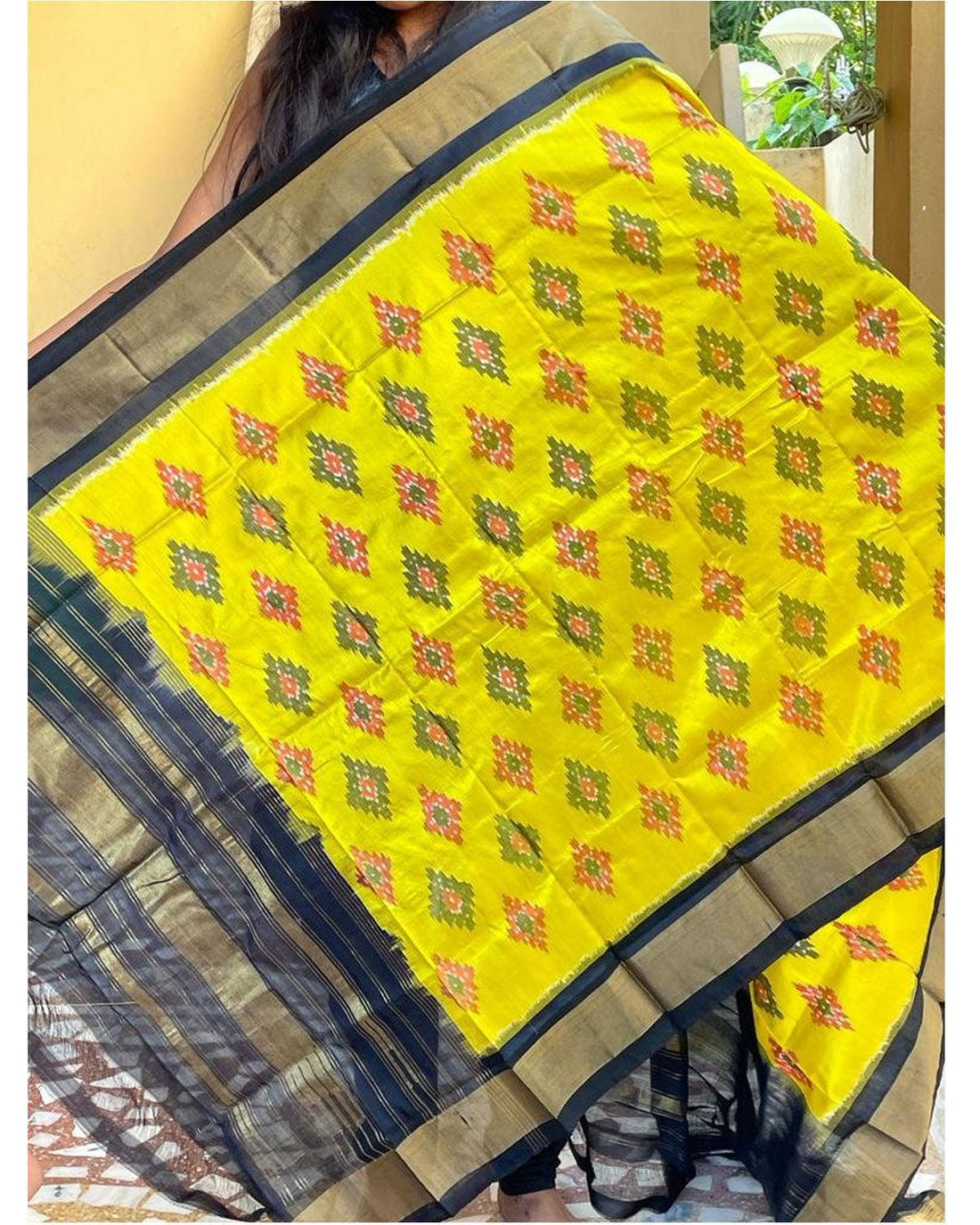 IKKAT SILK YELLOW WITH BLACK COLOR DUPATTA - pochampallysarees.com