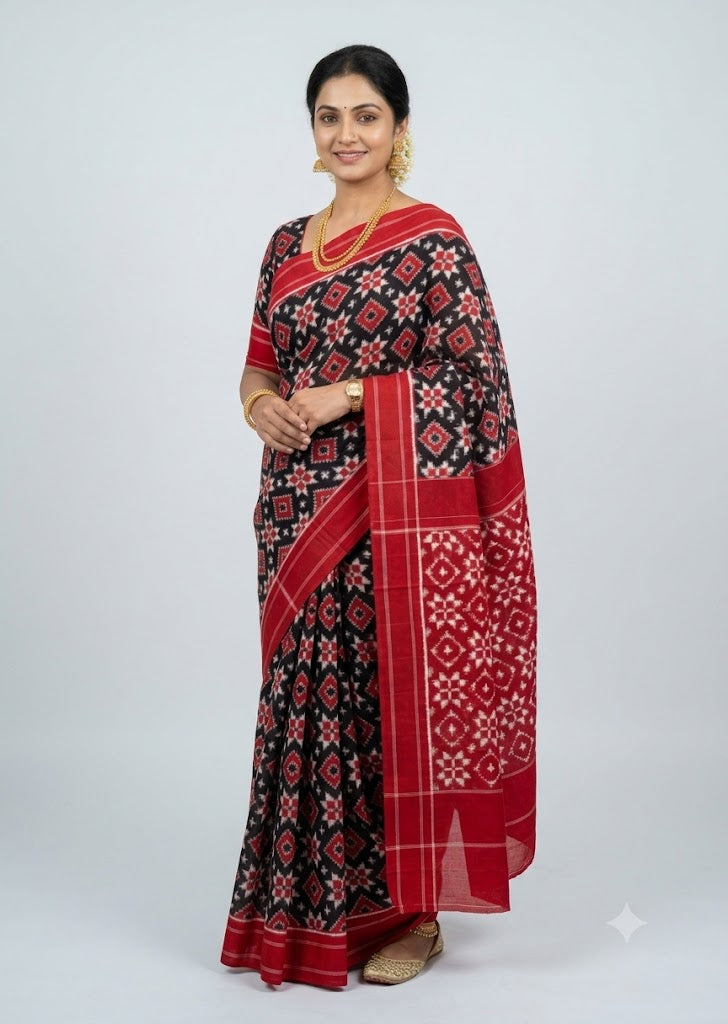 Full-length studio portrait of an Indian woman elegantly wearing a black and red handloom Ikkat Telia Rumal cotton saree against a light grey background.