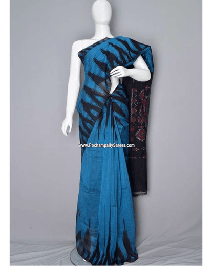 IKKAT TEMPLE BLUE COLOUR - pochampallysarees.com