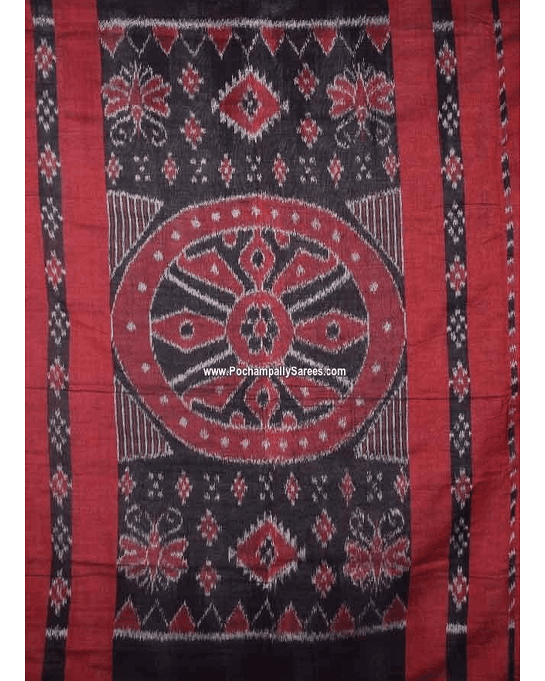IKKAT TEMPLE BORDER GRAY WITH REED COLOUR COTTON SAREE - pochampallysarees.com