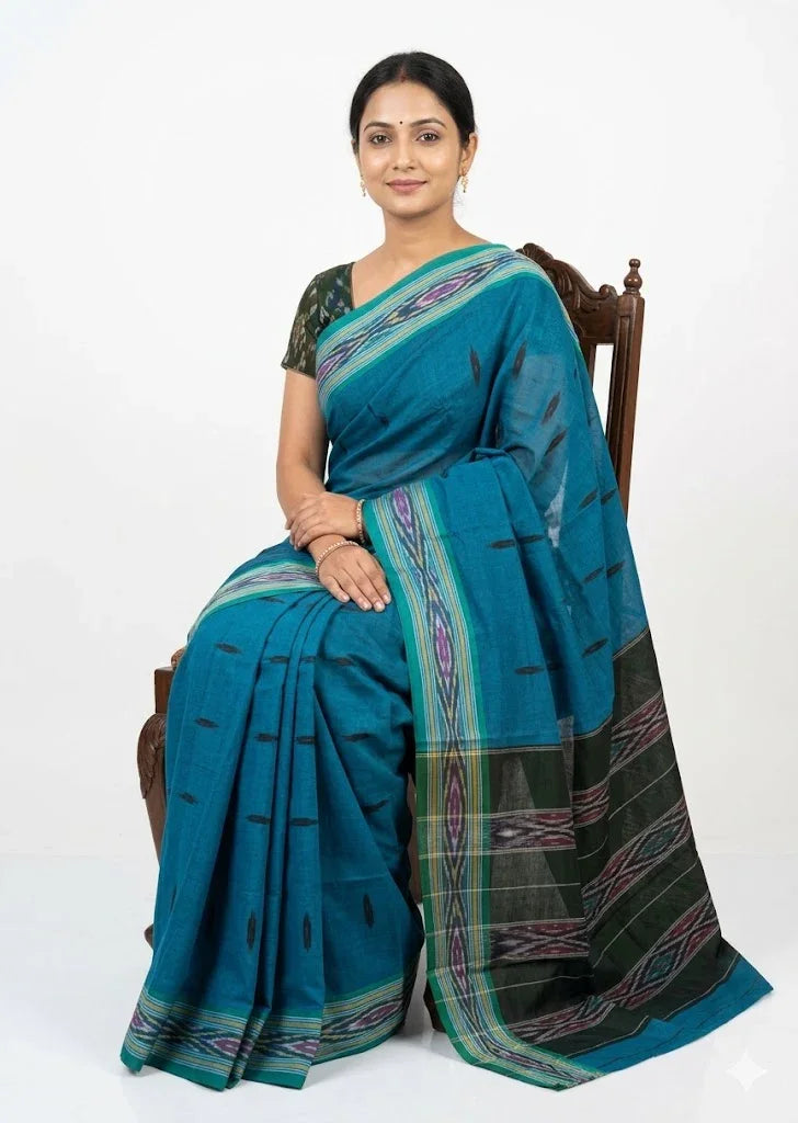Teal Blue Pure Cotton Ikat Saree with Dark Green Border (No Blouse Piece) - pochampallysarees.com