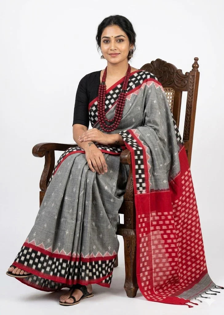 Elegant Grey &amp; Red Pure Double Ikat Cotton Saree | Traditional Handwoven Ethnic Wear - pochampallysarees.com