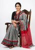 Elegant Grey & Red Pure Double Ikat Cotton Saree | Traditional Handwoven Ethnic Wear - pochampallysarees.com