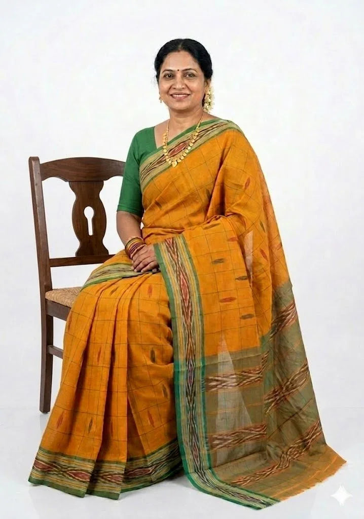 Elegant Mustard Yellow Checked Cotton Saree with Contrasting Green Border & Blouse Piece - pochampallysarees.com