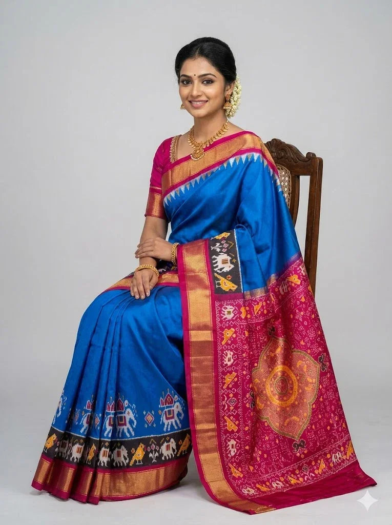 Pure Ikkat Silk Saree - Royal Blue &amp; Magenta | Traditional Pochampally Handloom with Elephant &amp; Bird Motifs | Festive Wedding Pattu Saree - pochampallysarees.com
