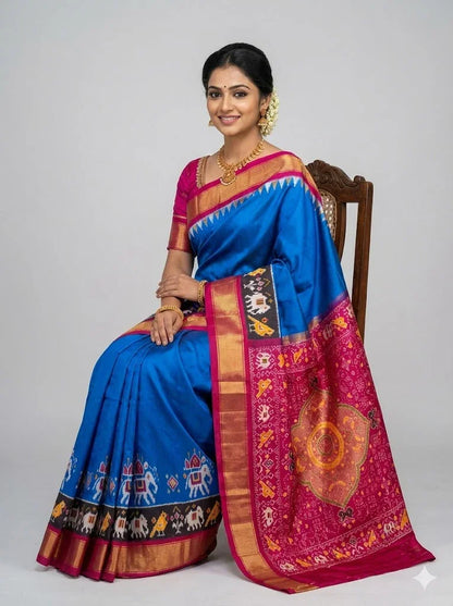 Pure Ikkat Silk Saree - Royal Blue &amp; Magenta | Traditional Pochampally Handloom with Elephant &amp; Bird Motifs | Festive Wedding Pattu Saree - pochampallysarees.com