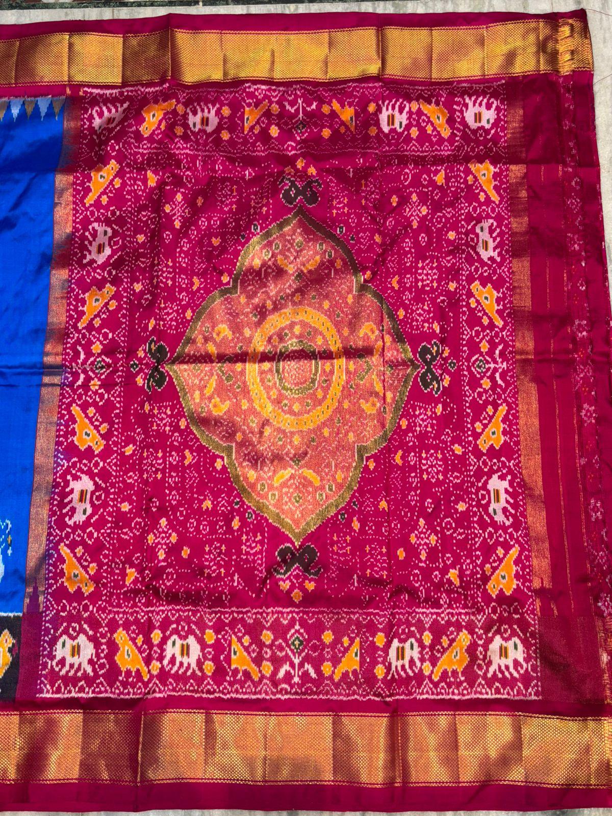 Pure Ikkat Silk Saree - Royal Blue &amp; Magenta | Traditional Pochampally Handloom with Elephant &amp; Bird Motifs | Festive Wedding Pattu Saree - pochampallysarees.com