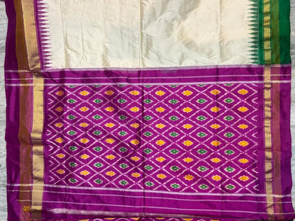 Pure Ikkat Silk Saree in Cream with Dual Contrast Green &amp; Magenta Temple Border | Traditional Festive Wear - pochampallysarees.com