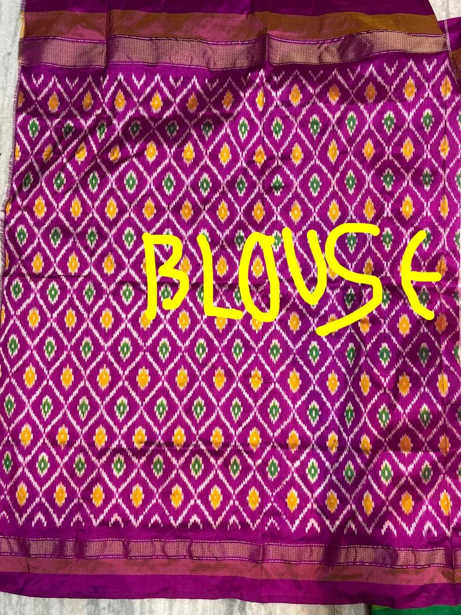 Pure Ikkat Silk Saree in Cream with Dual Contrast Green &amp; Magenta Temple Border | Traditional Festive Wear - pochampallysarees.com