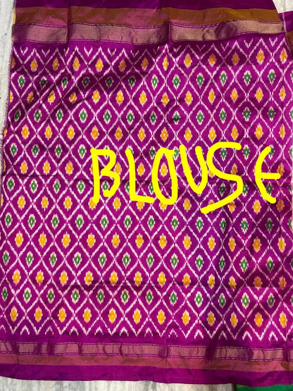 Pure Ikkat Silk Saree in Cream with Dual Contrast Green &amp; Magenta Temple Border | Traditional Festive Wear - pochampallysarees.com