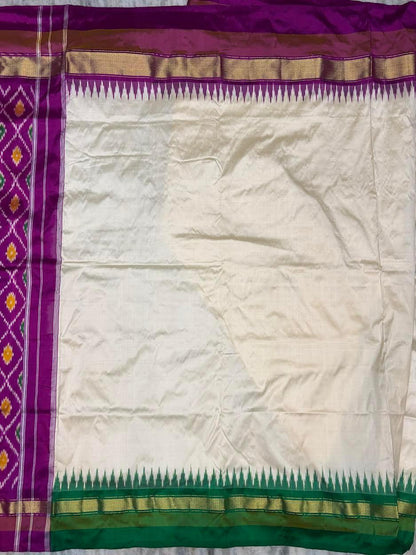 Pure Ikkat Silk Saree in Cream with Dual Contrast Green &amp; Magenta Temple Border | Traditional Festive Wear - pochampallysarees.com