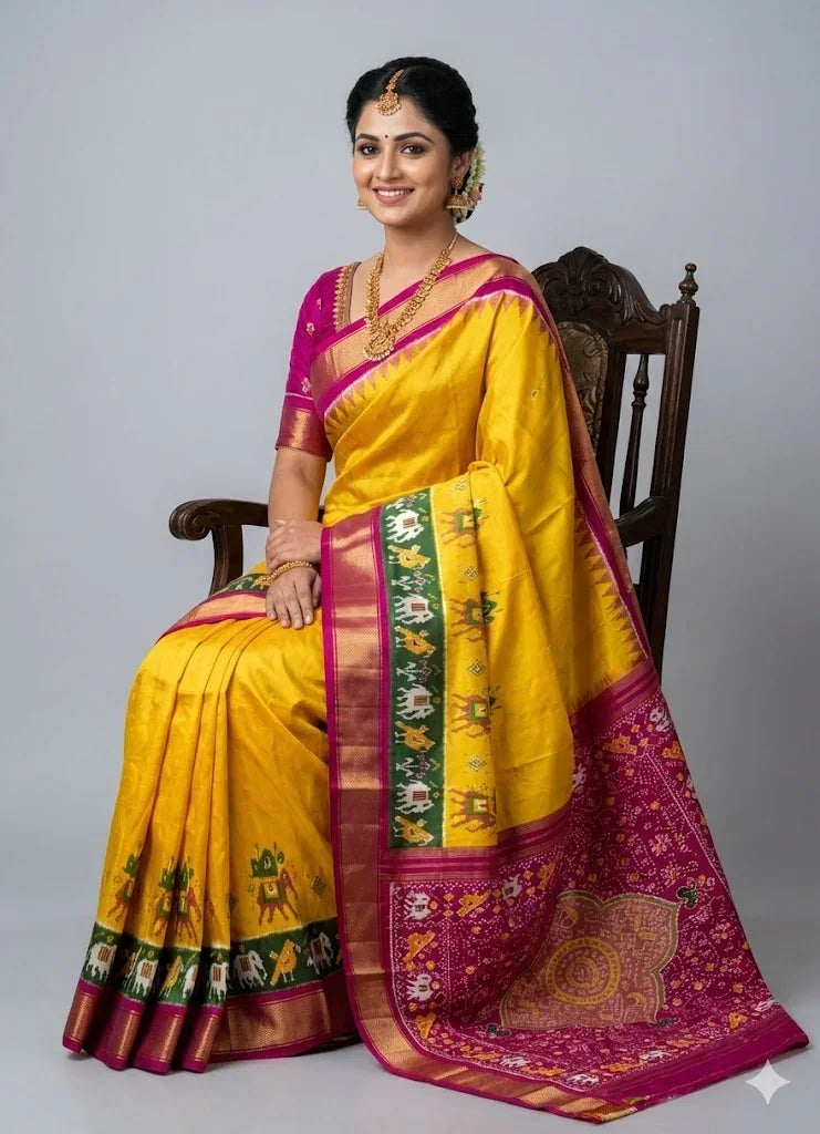 Authentic Yellow & Magenta Pure Pochampally Ikkat Silk Saree with Royal Elephant Motifs & Zari Border | Handloom Wedding Pattu Saree - pochampallysarees.com