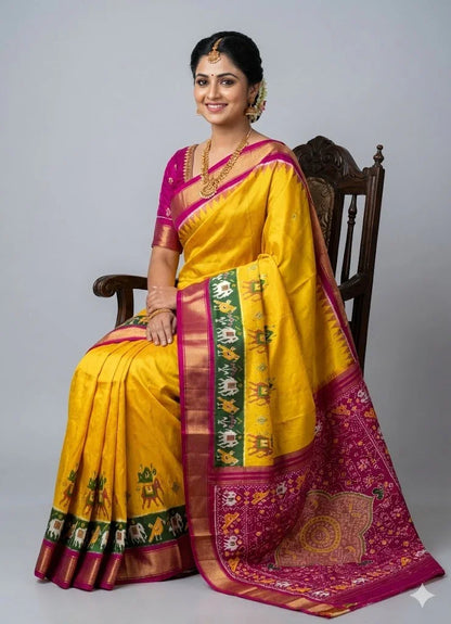 Authentic Yellow &amp; Magenta Pure Pochampally Ikkat Silk Saree with Royal Elephant Motifs &amp; Zari Border | Handloom Wedding Pattu Saree - pochampallysarees.com