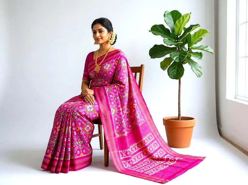 Pure Pochampally Ikat Patola Silk Saree in Magenta Pink | Handloom Geometric Pattern Pattu Saree with Designer Pallu | Traditional Wedding & Festive Wear - pochampallysarees.com