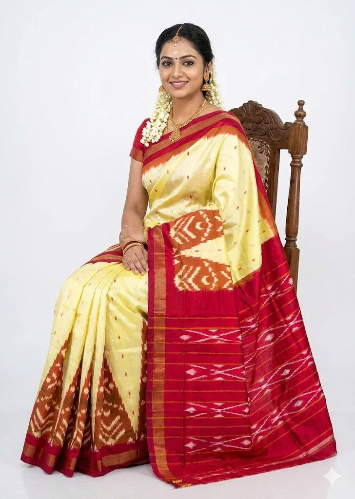Traditional Pure Ikkat Silk Saree – Vibrant Yellow with Red Temple Border - pochampallysarees.com