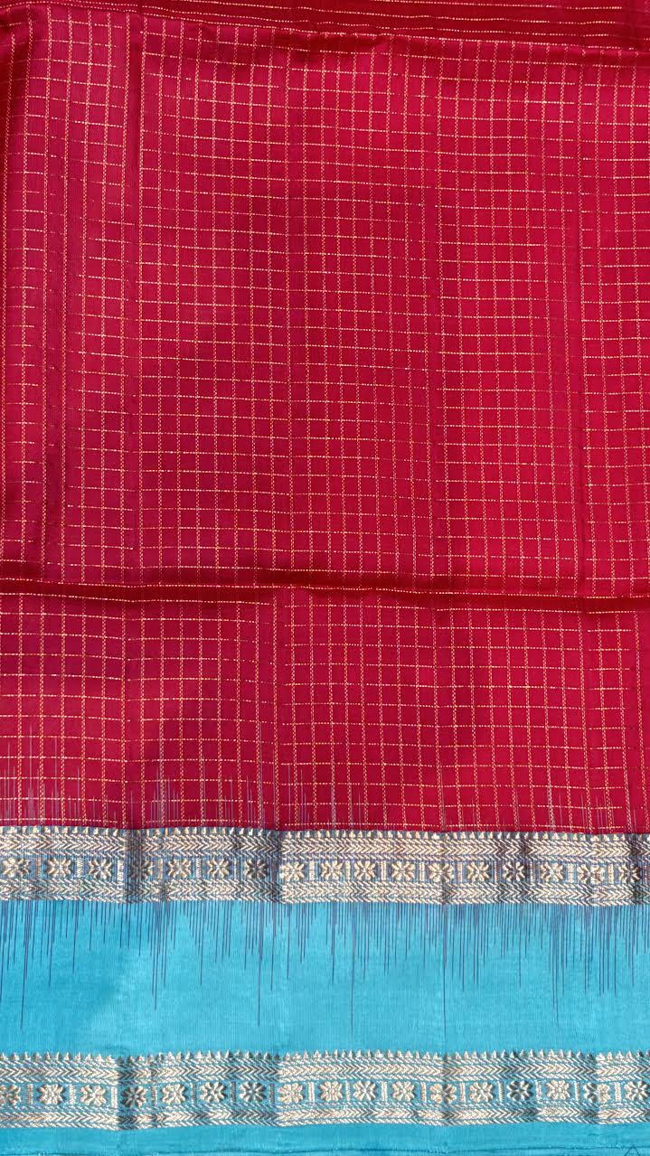 Red and Teal Blue Kanchi Soft Silk Checks Saree with Silver Zari Border